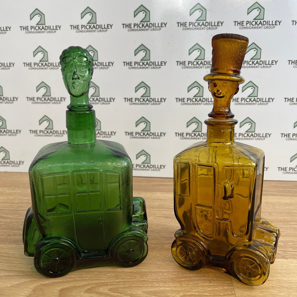 Vintage Glass Decanter Set Green Amber Carriage Car Driver Top Hat Taiwan 2pc